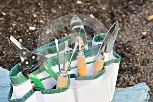 Detail of gardening tools in tool bag