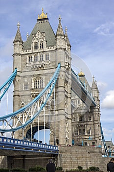 Detail of girders and tower on Tower Bridge from the South Bank. London