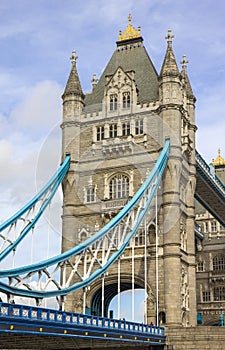 Detail of girders and tower on Tower Bridge from the South Bank. London