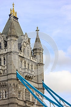 Detail of girders and tower on Tower Bridge from the South Bank. London