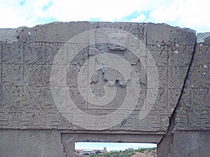 Detail of the god Viracocha carved in high relief at the Gate of the Sun in Tiwanaku