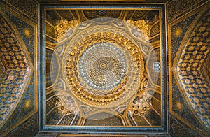 Detail of gold mosaic dome in Tilya Kori Madrasah in Samarkand, Uzbekistan