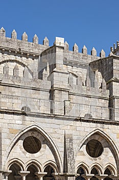 Detail of the Gothic architecture of the Se do Porto cathedral showcasing intricate stonemasonry in Porto, Portugal