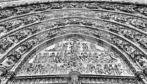 Detail of gothic tympanum at cathedral in Antwerp