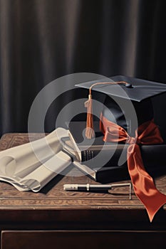 detail of a graduation cap and diploma on a table