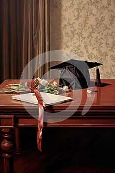 detail of a graduation cap and diploma on a table