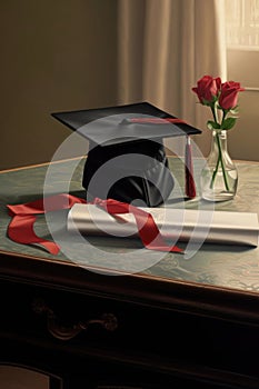 detail of a graduation cap and diploma on a table