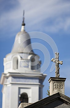 Detail of grave in la Recoleta Cemetery with blue sky