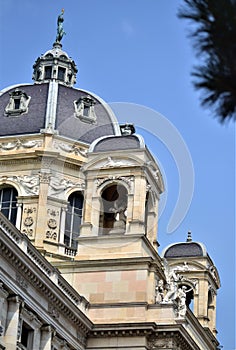 Detail of the great dome of the Kunt Museum in Vienna, between pine needles, out of focus, and blue sky.