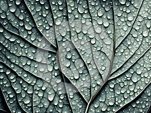 Detail on green leaf with veins and water droplets