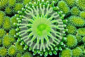 detail of a green star polyps coral surface