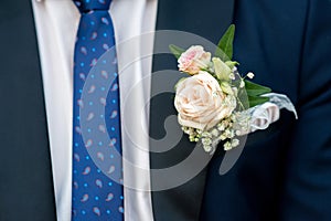 detail of a groom`s dark blue costume with a buttonhole of roses
