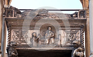 Detail from Guglielmo da Castelbarco gothic tomb outside Saint Anastasia Basilica in Verona