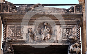 Detail from Guglielmo da Castelbarco gothic tomb outside Saint Anastasia Basilica in Verona