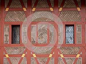 Detail of Half-Timbered Burgrave`s House on Karlstejn Castle in Bohemia Czech Republic