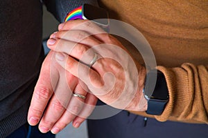 Detail of hands of homosexual couple showing their wedding rings after having said I DO. You can see detail of the gay pride flag