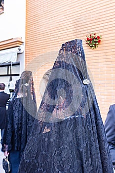 Detail of the head of a woman with a black spanish mantilla and peineta ornamental comb, seen from behind, in a Holy Week photo