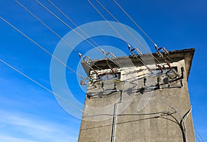 detail of the high voltage electrical cables of the brick electrical substation photo