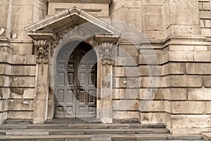 Detail historic building canopy rectangular facade door