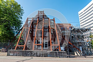 Detail of a historic building after 2011 earthquake, secured from collapsing, Christchurch in New Zealand