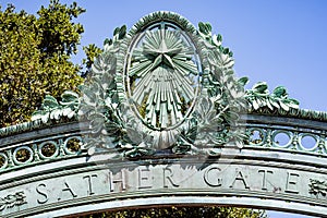 Detail of the historic Sather Gate on the campus of the University of California at Berkeley is a prominenet landmark leading to