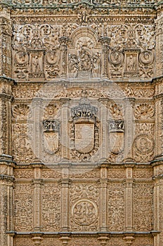 Detail of the historical entrance to the University of Salamanca middle age. Spain