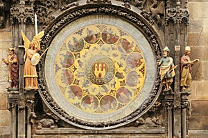 Detail of the historical medieval astronomical Clock in Prague on Old Town Hall , Czech Republic