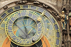 Detail of the historical medieval astronomical Clock in Prague on Old Town Hall , Czech Republic