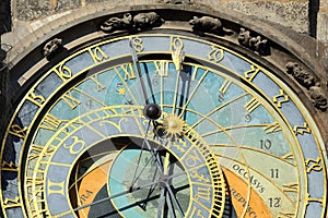 Detail of the historical medieval astronomical Clock in Prague on Old Town Hall , Czech Republic