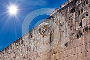 Detail of hoop ring at ball game court, Gran Juego de Pelota of Chichen Itza archaeological site in Yucatan, Mexico