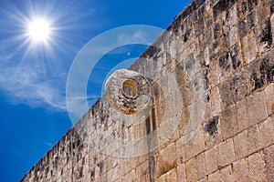 Detail of hoop ring at ball game court, Gran Juego de Pelota of Chichen Itza archaeological site in Yucatan, Mexico