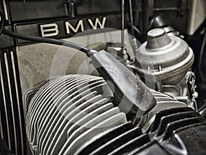 Detail image of the engine cylinder of a BMW motorcycle.