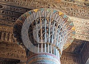 Detail of the imposing columns adorned with hieroglyphs stretch towards the ornate ceiling in Esna photo
