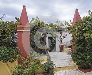 Detail from interior of the orthodox Monastery of Paleokastritsa, red pillars and door with flower pots and vine arbor with