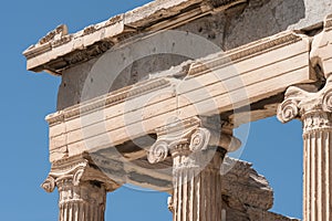 Detail of Ionic columns and cornice from Acropolis, Athens, Greece