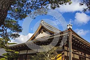 Detail on japanese temple roof against blue sky