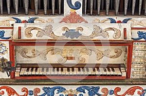 Detail of the keys of the organ restored and decorated with floral motifs and painted geometric figures of the Church of San