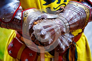 Detail knight armor. Gloves of a knight.