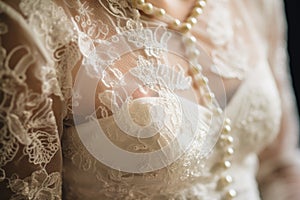 detail of lace and pearls on a wedding dress