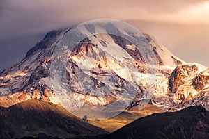 Detail landscape view of Mt Kazbeg at sunrise, Georgia