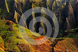 Detail landscape view of Na Pali rugged cliffs, Kauai