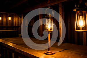 Detail of a lantern illuminating a wooden deck