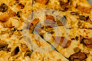 Detail of a large family pizza with mushrooms, bacon and cheese cut in slices for fast food shared with friends and family