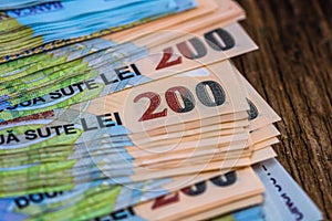 Detail of LEI banknotes. Staks of Romanian LEI banknotes. World money concept, inflation and economy concept