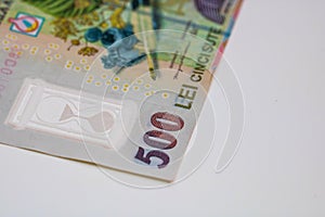 Detail of LEI banknotes. Staks of Romanian LEI banknotes. World money concept, inflation and economy concept