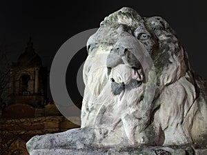 Detail of lion sculpture outside leeds town hall at night