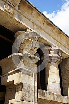 Detail of lotus shaped egyptian temple columns, Debod temple, in Madrid