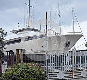 detail of a luxury yaxht in a shipyard