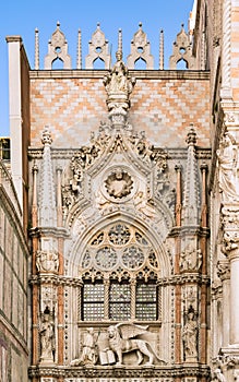 Detail of the magnificent basilica of san marco in Venice. Wrought stones and statues carved