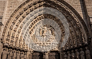 Detail of the main arch on the west facade of Notre Dame Cathedral